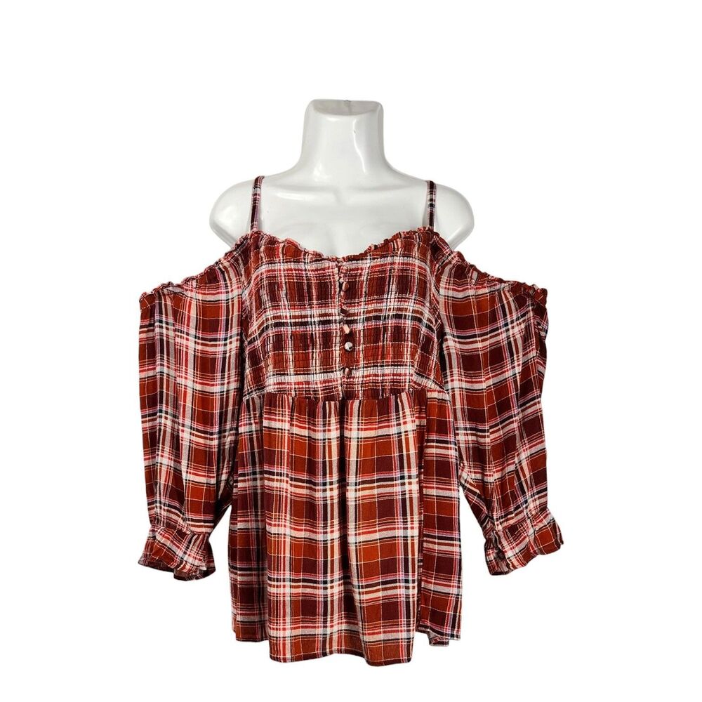 Torrid Babydoll Blouse Plus Sz 3 3X Orange Plaid Cold Shoulder Top 3/4 Slv Boho